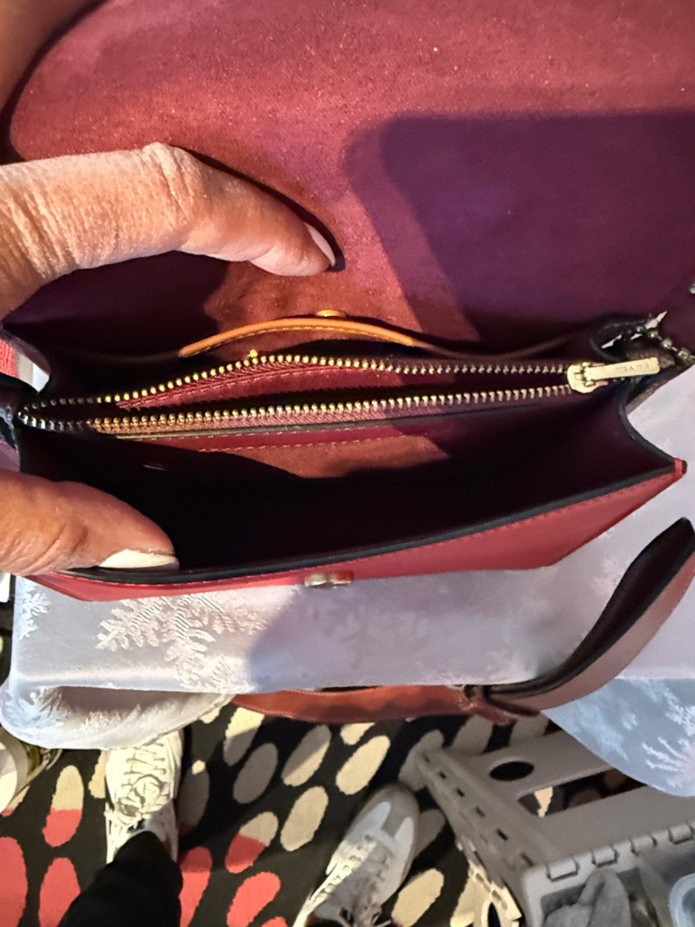 Coach Two-Tone Red and Burgundy Leather Crossbody with Gold Buckle - Picture 7 of 7